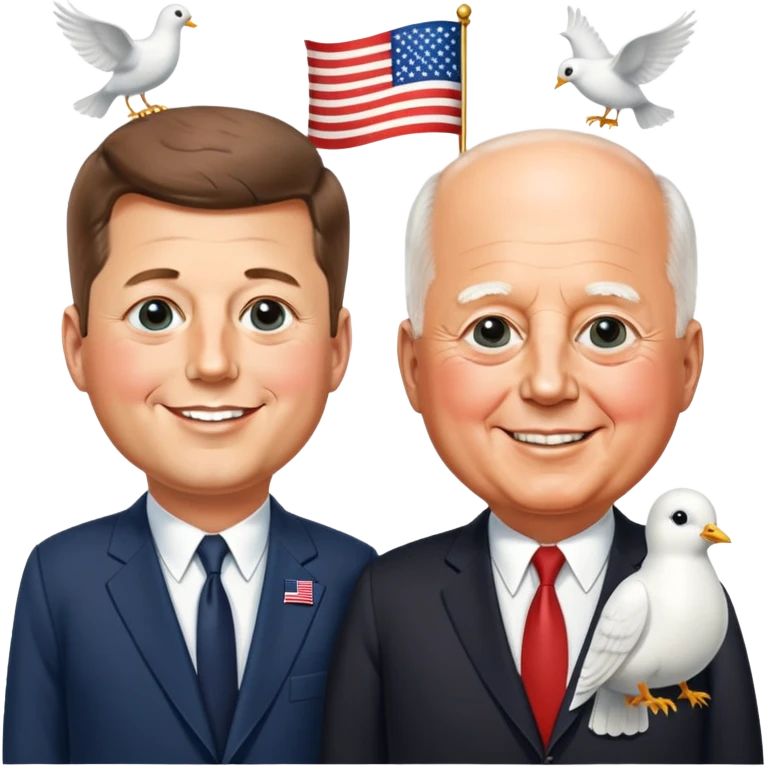 John F. Kennedy and Mikhail Gorbachev side by side, smiling, friendly diplomatic atmosphere, small peace symbols and doves, US and USSR flags as accents emoji