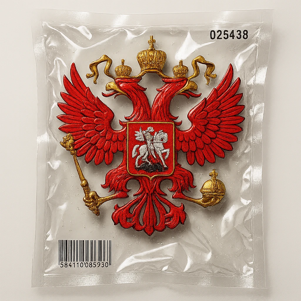 classic Russian coat of arms, double-headed eagle holding scepter and orb, shield with Saint George, glossy emoji