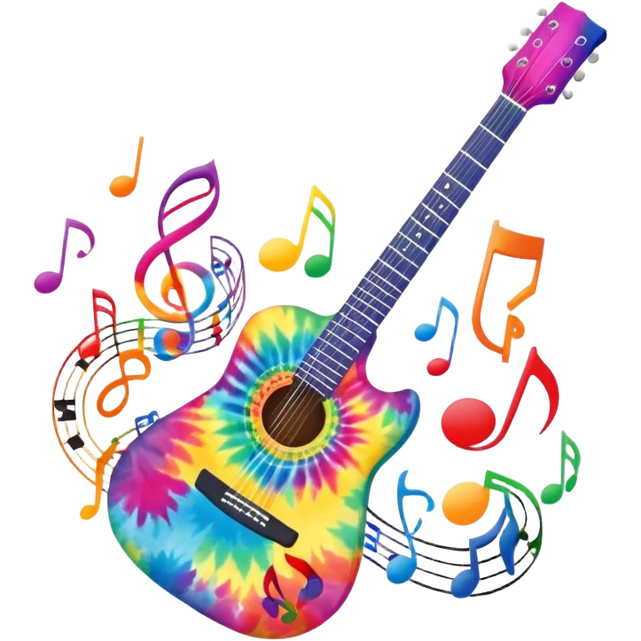Tie-dye guitar with music notes around it emoji