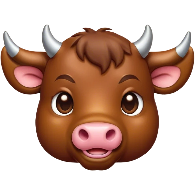 Cinematic Cute Brown Bull Portrait Emoji, Head tilted playfully and inquisitively, featuring a glossy, robust brown hide with a natural sheen, round, sparkling dark eyes filled with gentle curiosity, Simplified yet irresistibly adorable features, highly detailed, glowing with a warm, friendly glow, high shine, affectionate and imposing, stylized with a touch of rugged charm, bright and endearing, soft glowing outline, capturing the essence of a mischievous yet loving bull, so playful it feels like it could stomp out of the screen and into your arms! emoji