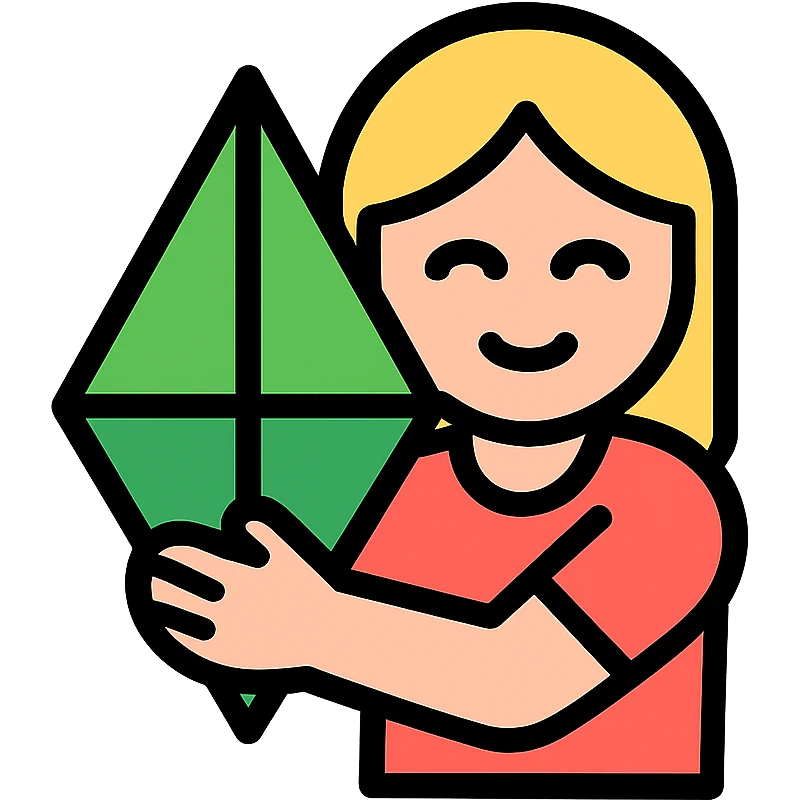 blond girl hugging a plumbob, icon style, geometric shapes, bold lines, limited color emoji