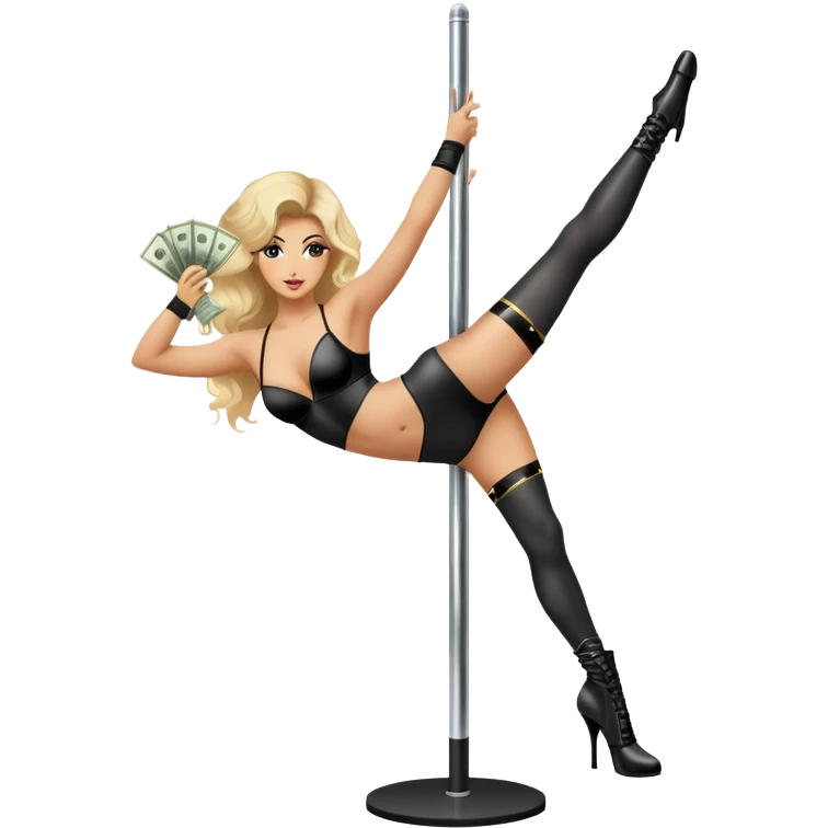 pole dancer on pole, wearing black pleaser bootie, pole dancing boots, with money flying in the hair emoji