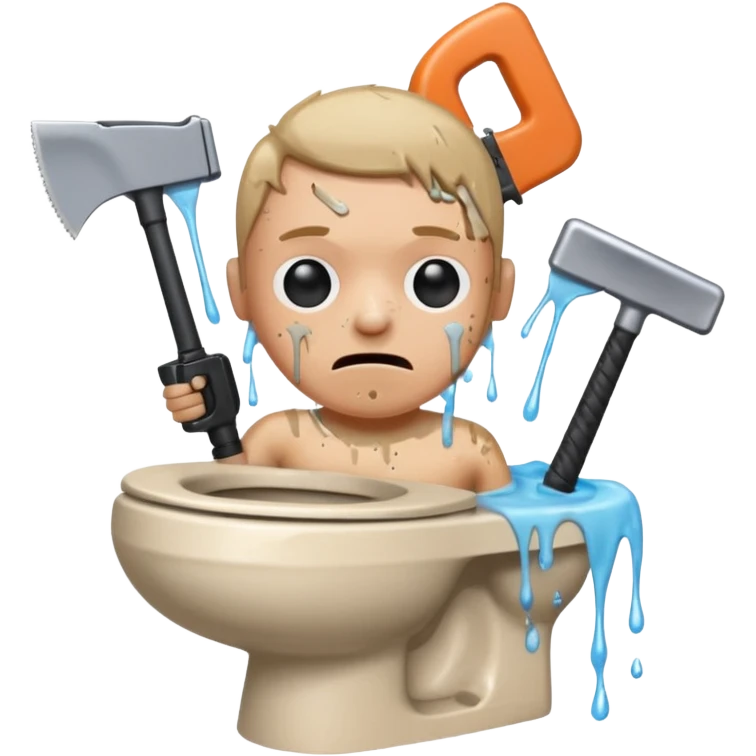 A persons head is sticking in a toilet and he’s holding guns and saws emoji