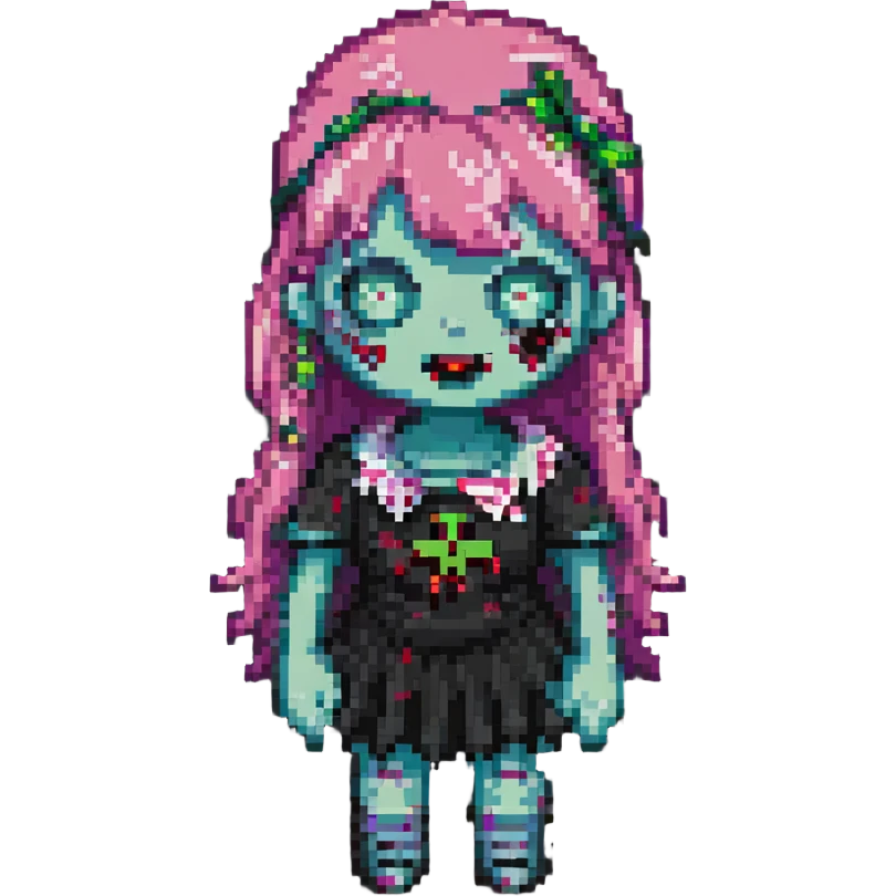 cute zombie girl pink bangs pixel art emoji