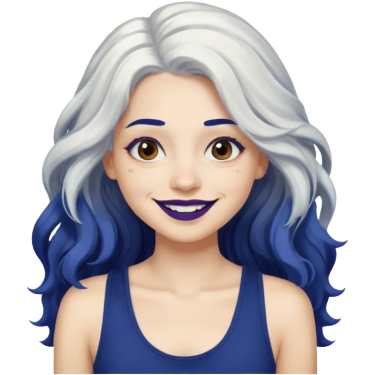 woman wavy with long white hair and brown eyes with dark blue lipstick smiling in a grunge tanktop emoji