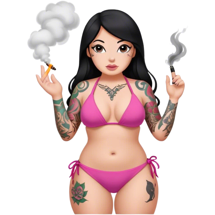 caucasian curvy body girl, with tattoos, in pink bikini, smoke, with a long straight black hair  emoji