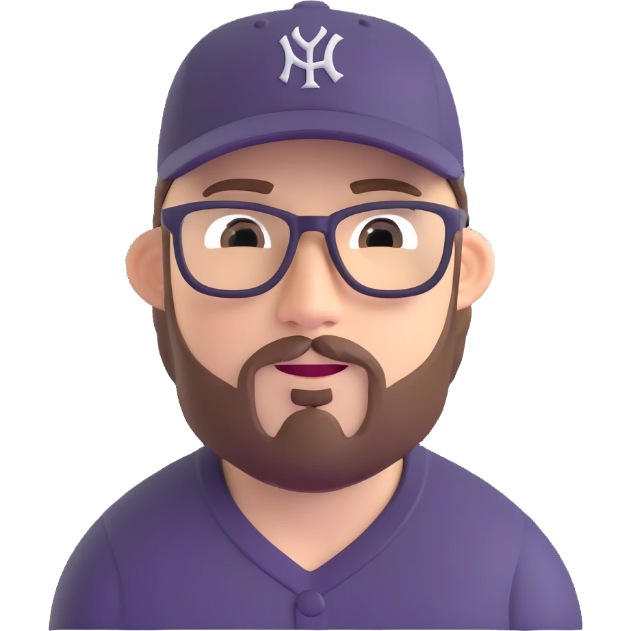 adventurer with goatee beard (no beard on cheeks), short hair, glasses and backwards baseball cap emoji