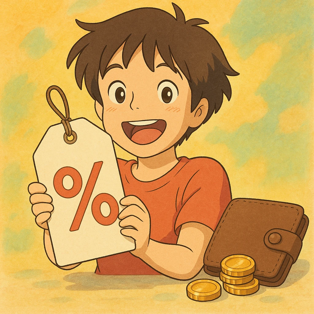 happy anime character holding a price tag with discount symbols, coins and wallet nearby, cheerful colors, Studio Ghibli style emoji