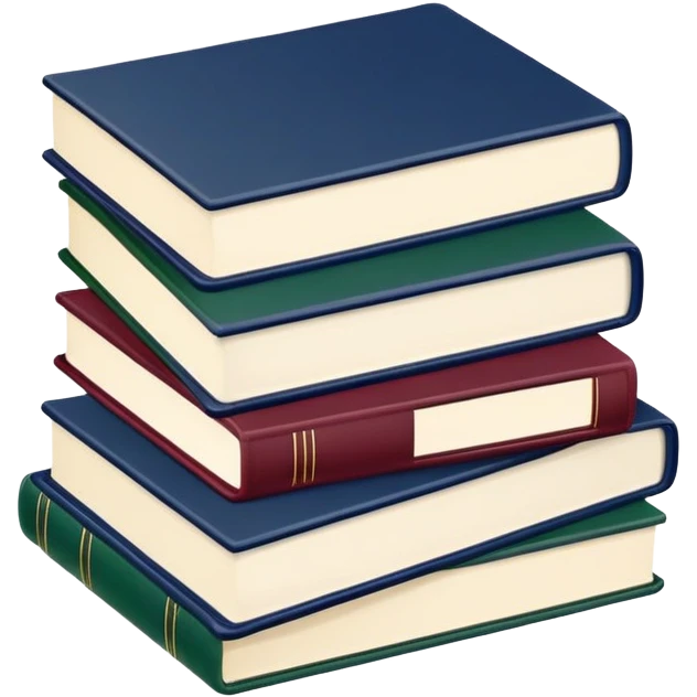 A flat-style illustration of three stacked hardcover textbooks, in muted academic colors like navy blue, maroon, and dark green. Symbolizing structured school education. Minimal cartoon style, white background, iOS emoji aesthetic. emoji