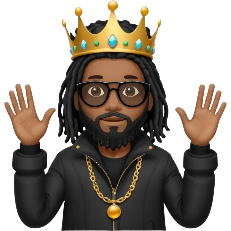 African American man with shoulder length black dreadlocks with black beard wearing black sunglasses with a black bubble winter coat wearing a crown with hands out emoji