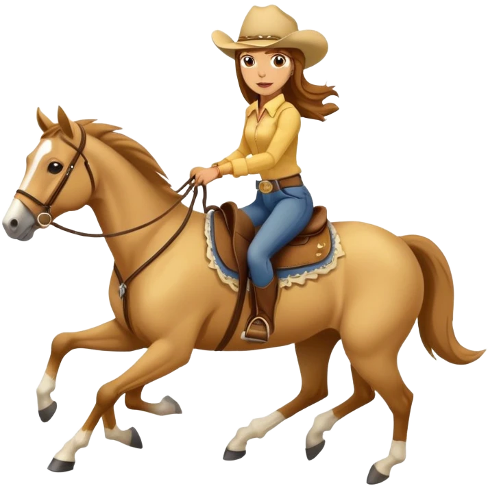yellow palomino horse running with 4 legs a woman rider with brown hair and a cowboy hat emoji