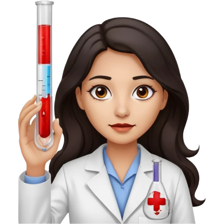 Una chica de laboratorio clínico químico con ojos negro cabello oscuro ondulado raya en medio tez media con bata de científica con ojos negros, cabello negro largo ondulado con raya en medio ondulado largo con muestras de sangre en reactivos emoji