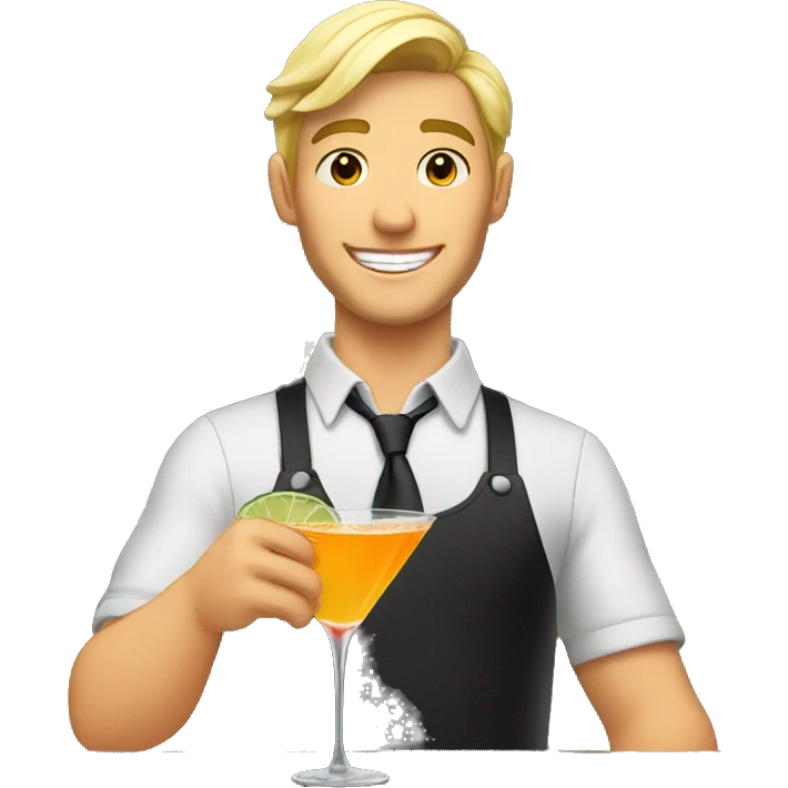 Blonde male bartender smiles and holds cocktail in hand emoji