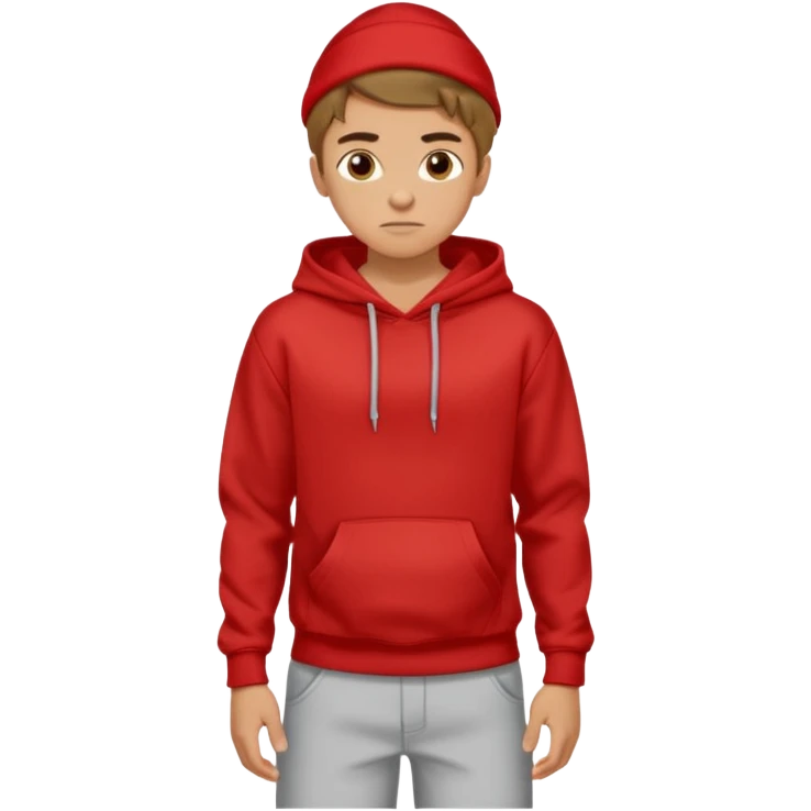make me an emoji of an americain 19 yearold boy in a red hoodie that says "south" on it and give him with tan skin with his hands in his hands in his pocket not grining flexing his muscles emoji