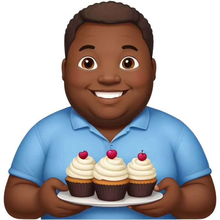 Extremely overweight African American man with a very round face and body, smiling and holding cupcakes emoji