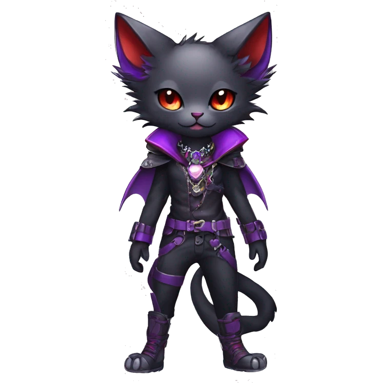 cool kawaii edgy evil techwear black purple red ethereal fantasy beautiful elegant nargacuga-bat-cat-Fakemon wearing legs spats a collar harness with jewelries full body emoji