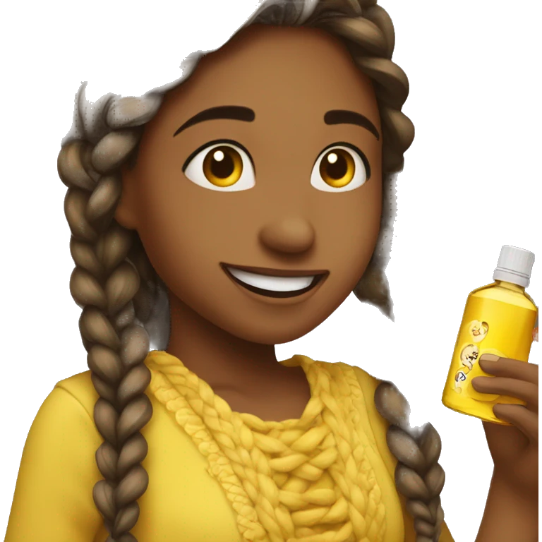 A girl who is happy while smelling aroma oil. She has long braided hair and is wearing a yellow dress. emoji