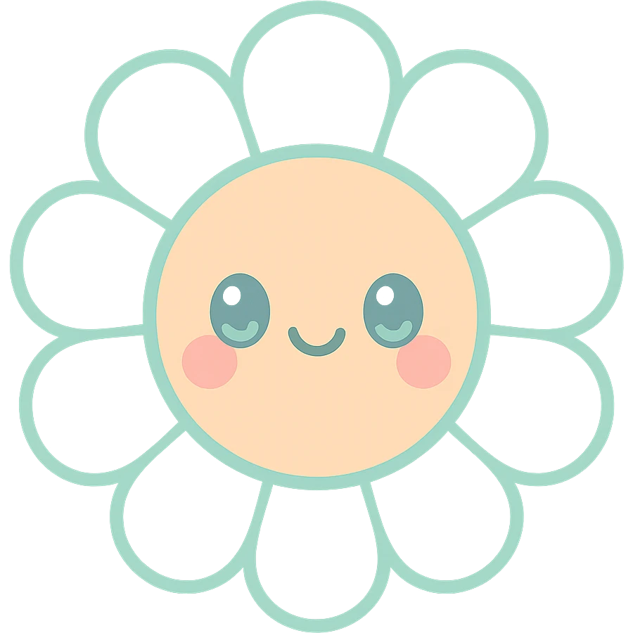 a daisy with a smiling face, cheerful and simple, kawaii style emoji