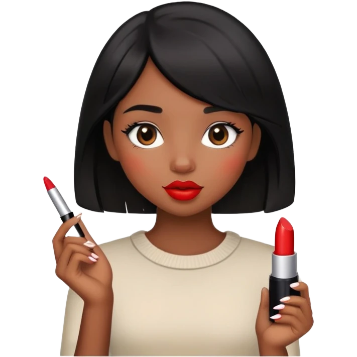 cute black haired girl holding a lipstick emoji