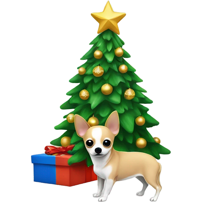 Christmas tree with a Chihuahua sitting next to it ￼ emoji