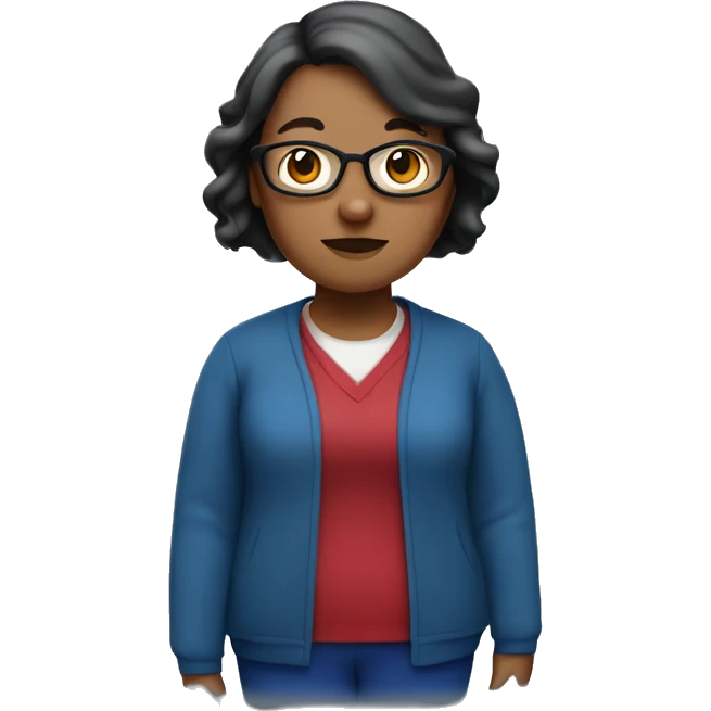Fat, short ELA teacher with a dark red bob and a blue cardigain emoji