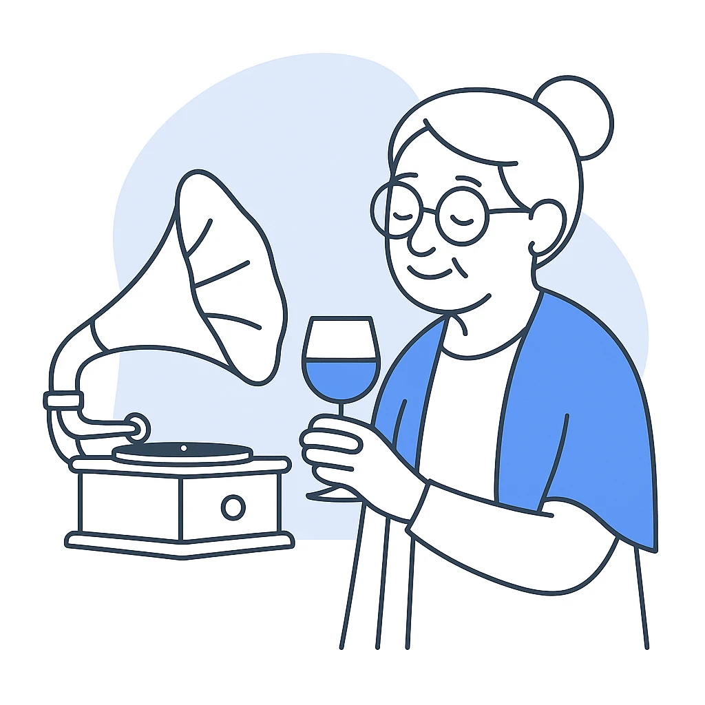 old lady with wineglass listening to gramophone emoji