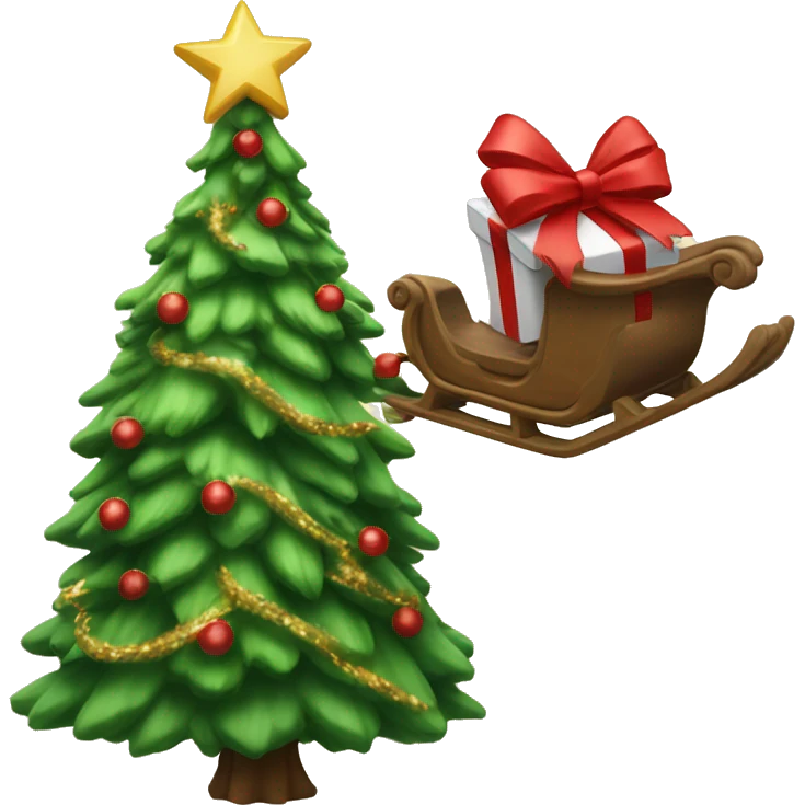  A Christmas tree with a red bow and Santa's sleigh flying overhead emoji