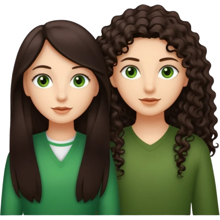 Two besties: 1: long ironed straight darkbrown hair, green eyes 2: long curly darkbrown hair, brown eyes emoji