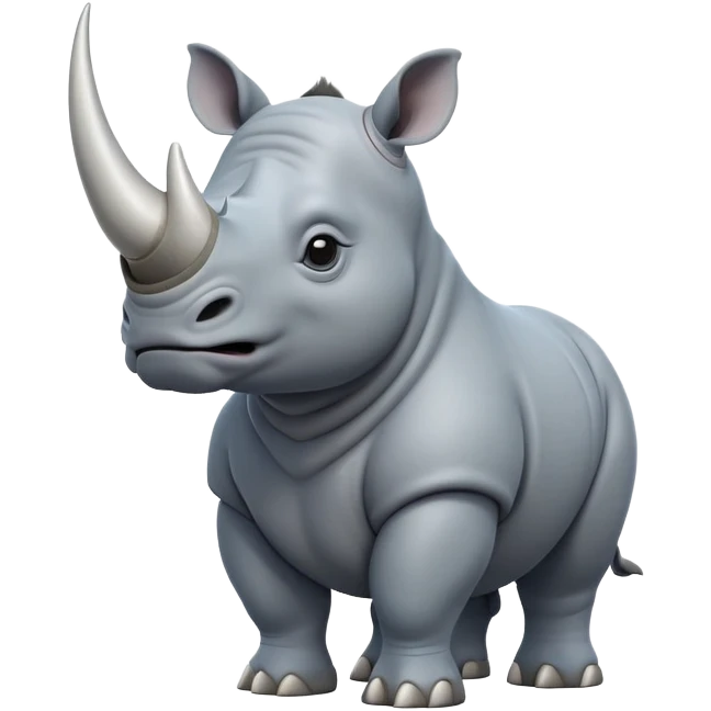 cinematic-rhino-full-body-standing-emoji,white horn, slate grey/blue skin -massive-body-poised-powerfully,-thick-horn-curving-slightly-forward,-head-tilted-dramatically,-rough-grey-hide-covered-in-dust,-simplified-focused-features, large cute black eyes emoji