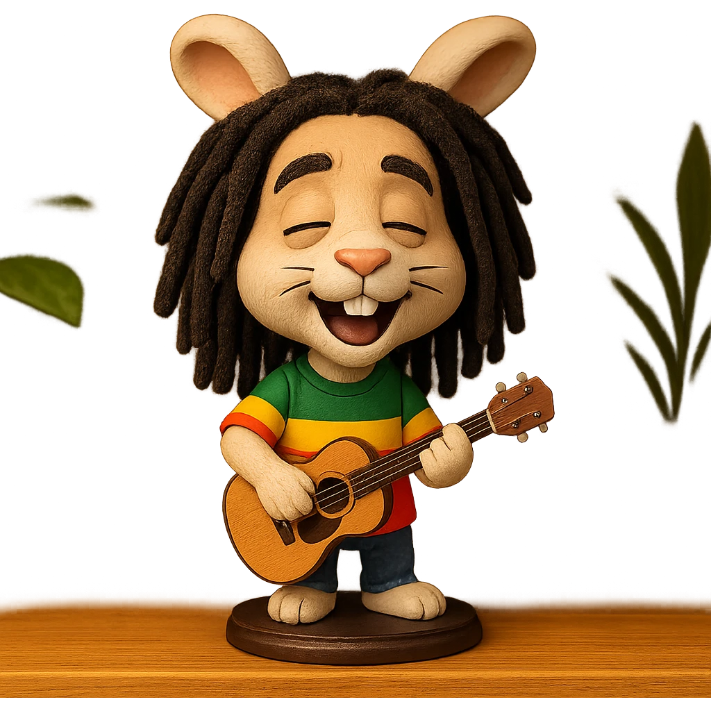 a bunny with Bob Marley's iconic dreadlocks, wearing a colorful Rasta shirt, singing or playing guitar emoji