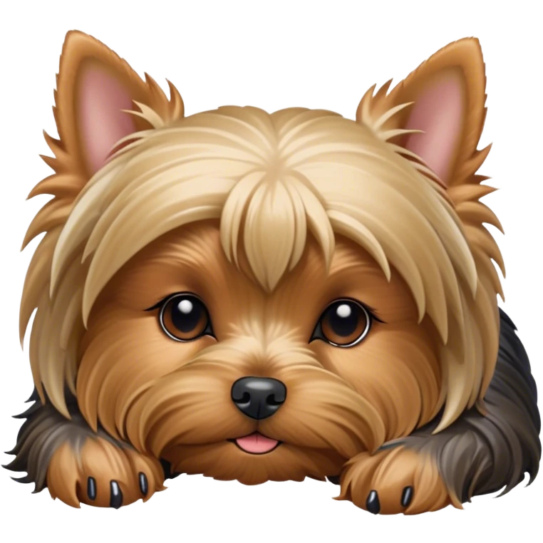 Meme-Worthy Cute Sleeping Yorkshire Terrier Portrait Emoji, Head resting gently with a peaceful, contented expression and softly closed, dreamy eyes, featuring a well-groomed, silky fur in rich hues, simplified yet irresistibly endearing, highly detailed, glowing with a gentle, drowsy radiance, high shine, exuding relaxed, heart-melting charm, styled with a soft glowing outline, capturing the essence of a sleeping Yorkshire Terrier that looks as if it could drift off into a sweet, meme-worthy slumber! emoji
