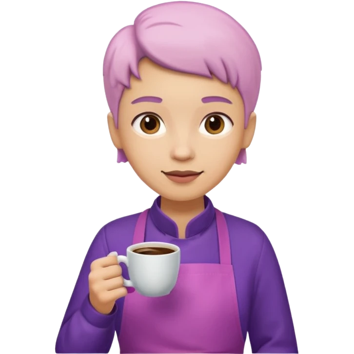 Create 3D minimalist emoji in the style of Coffee Lover — a coffee shop and roastery brand.
Style: cozy, warm.
Colors — purple-pink range.
barista with coffee emoji