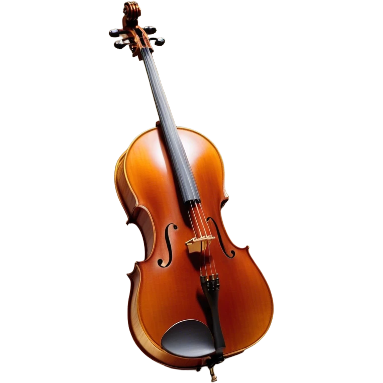 Create an elegant and refined emoji representing the Cremona 4/3F 4/4 cello with a Hans Klein HKCB bow. The design should feature the curved wooden body of the cello with a rich, glossy finish, capturing its classical shape and intricate details. The bow should be displayed with fine craftsmanship, highlighting the hair and the smooth, polished wooden stick. Include subtle musical notes floating around the instrument to emphasize its rich, melodic sound. Use deep wood tones like chestnut brown, gold accents for the fittings, and soft lighting effects to give the instrument a timeless, professional feel. The background should be transparent. emoji