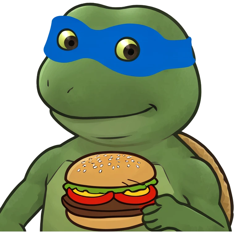 ninja turtle wearing blue eye mask with burger emoji