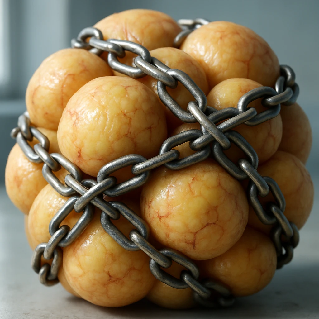 hyper realistic 4K clustered adipocytes wrapped in chains, cellular details, clinical atmosphere, natural light emoji