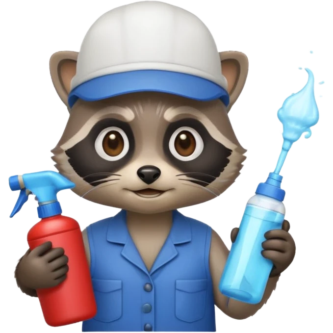 raccoon emoji wearing a cleaner's cap, holding a spray bottle, cute and clean, apple emoji style emoji
