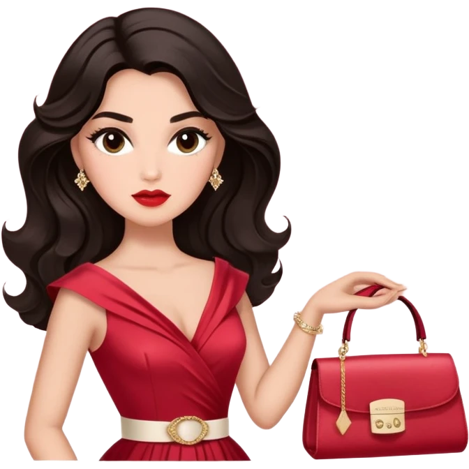A woman with slightly darker almond-toned skin, voluminous dark hair in waves, expressive eyes with soft lashes and shimmer, full lips with a glossy nude-pink color, wearing a red dress and a white crossbody sash with “Miss San Juan” in black letters, exuding elegance and confidence. emoji