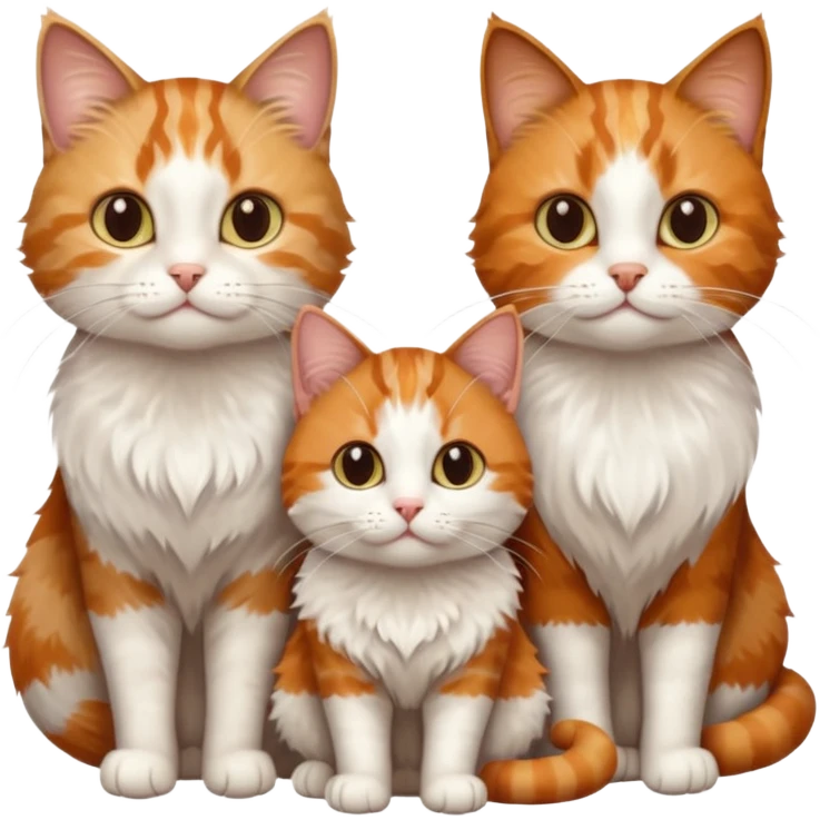 3 sibling cats all different natural colours; 1 is ginger and white, the next is brown tabby and white and the third is a calico emoji