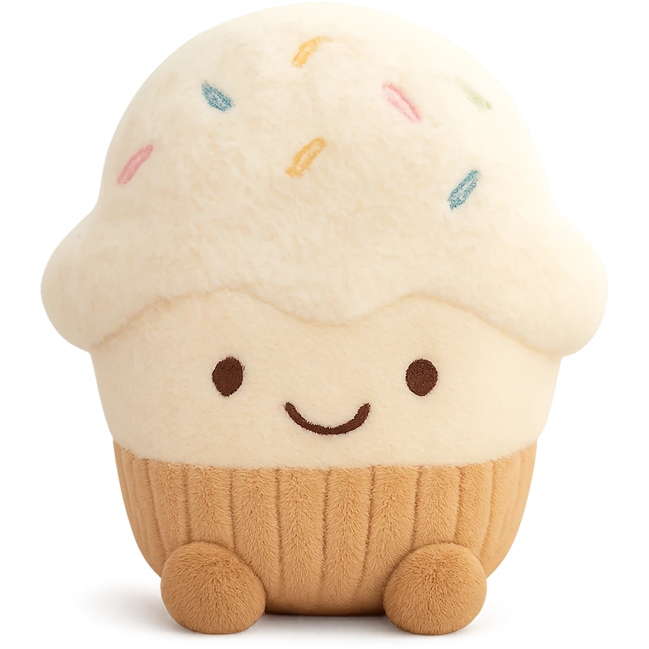 A plush cupcake with soft fabric frosting, embroidered sprinkles, and a happy face stitched onto the front emoji