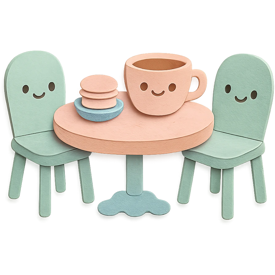 kawaii coffee shop table and chairs set with macarons and coffee, soft pastel hand-drawn illustration emoji