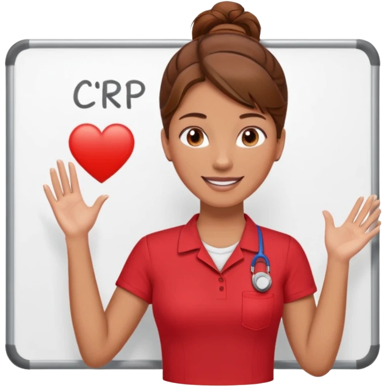 Happy instructor female brown hair whit board hair up red shirt add CPR to white board emoji
