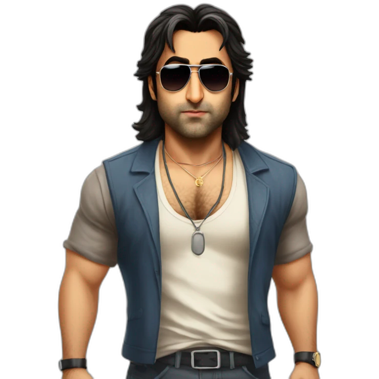 Ranbir Kapoor as a gangster with a long mullet and sun glassess looking angry and chubby emoji