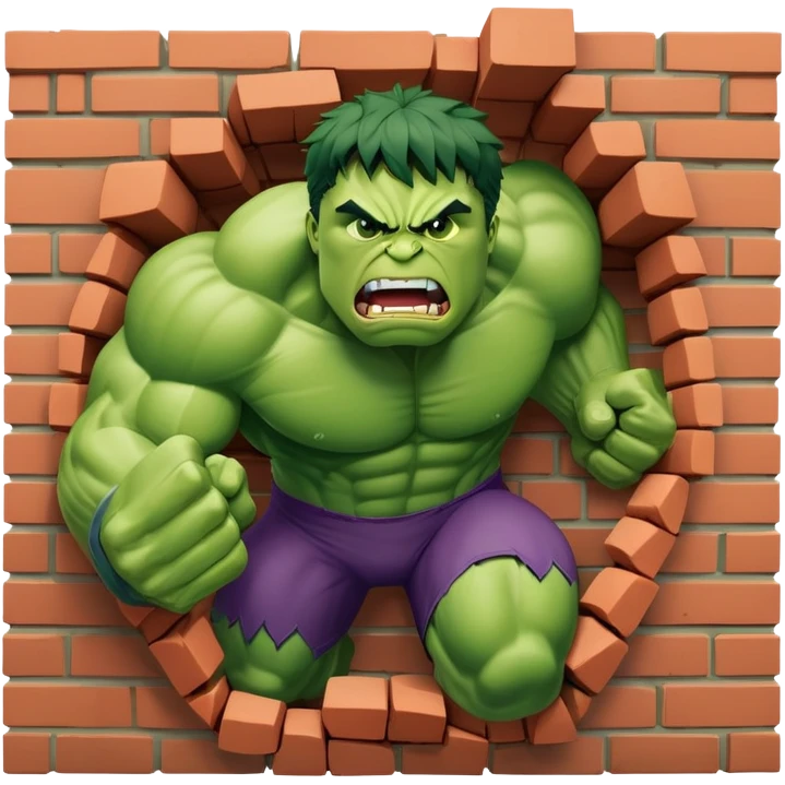 Hulk smashing through a brick wall, green superhero breaking through emoji