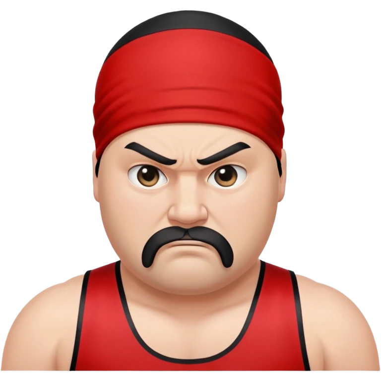 White skin fat guy with prominent black durag, short black beard, black eyes in a red and black wrestling singlet with angry face emoji