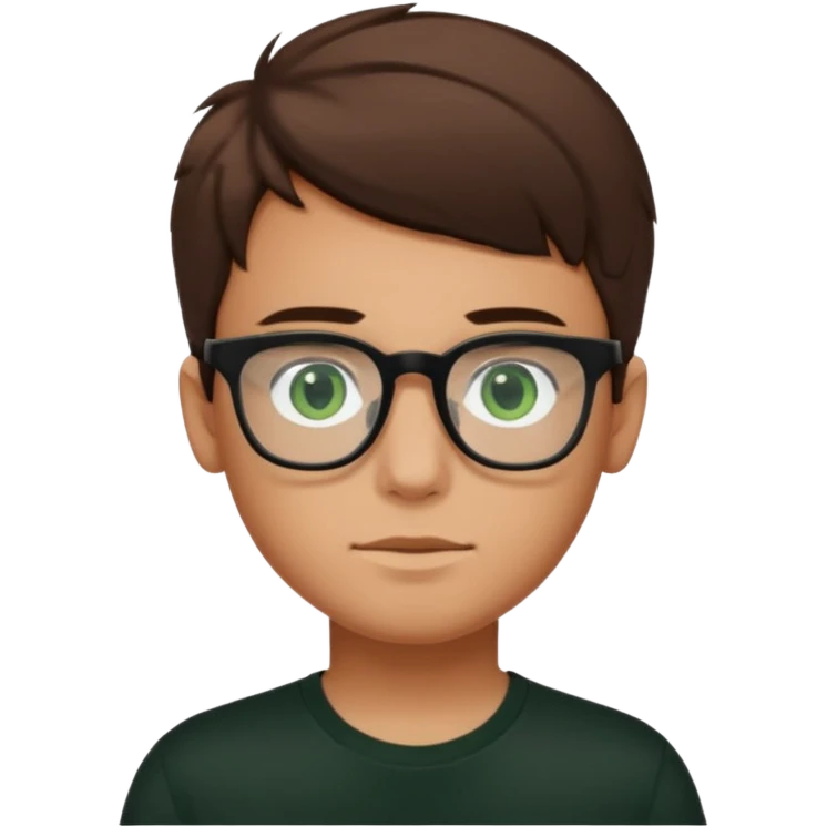 Garçon brun, peu légèrement bronzée, des yeux verts foncés, un t shirt noir et des lunettes rectangulaires transparentes emoji