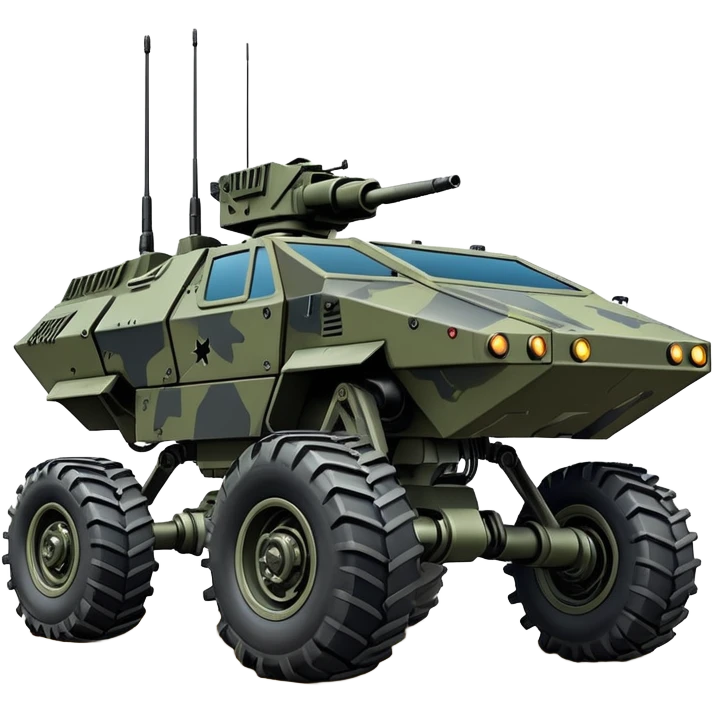 a roomy American 4-wheel armored personnel stealth camouflage army massive mech trail vehicle shooting forward side-hill leaning actively articulating hydraulic independent suspended pod gimbal enemy mech off-road racing rover with large fast engine RC basher crawler megatron  emoji