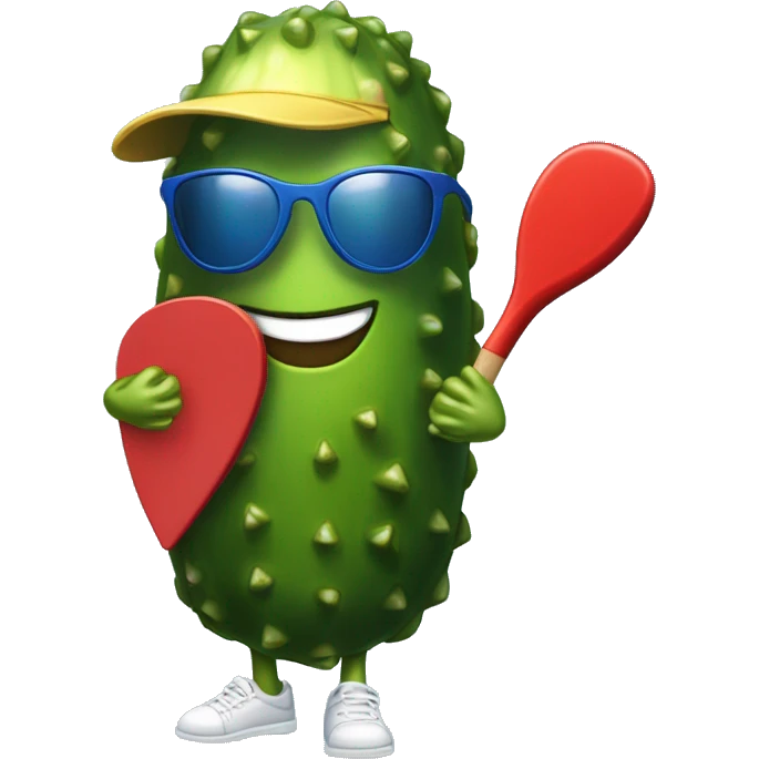 pickle with legs, wearing a jersey, mouth smiling, wearing cap, holding a solid red paddle ball racket, blue backgound, wearing sunglasses emoji