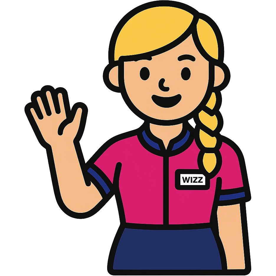 friendly stylized cartoon emoji of a Wizz Air flight attendant smiling and waving, blonde side braid, vivid pink shirt with blue accents, dark navy skirt, visible name tag, upright posture, welcoming gesture, flat design style, using actual uniform, hair, and skin colors from reference photo, transparent background emoji