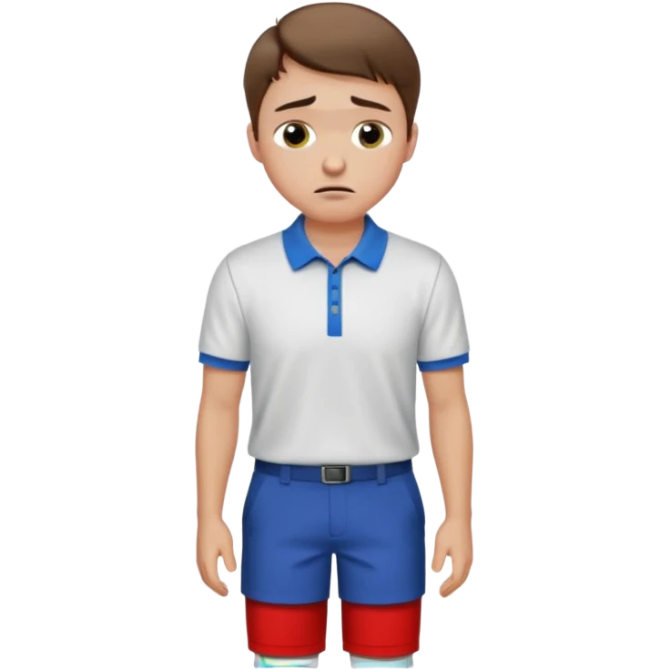 Handsome male.short brown hair.wearing golf shirt and shorts.crying. garden background  emoji