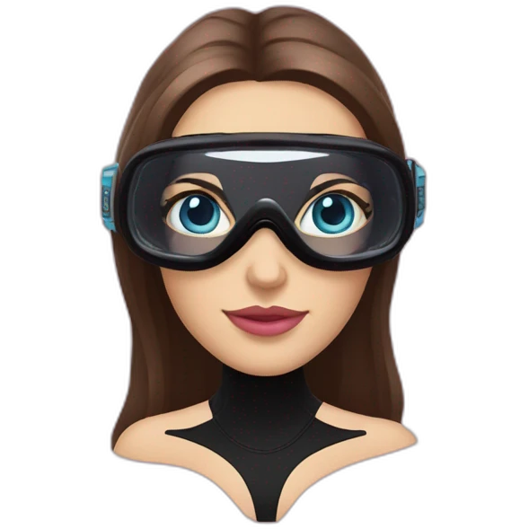 woman with blues eyes, large and straight brown hair, pink diving mask with a single crystal. underwater black suit emoji